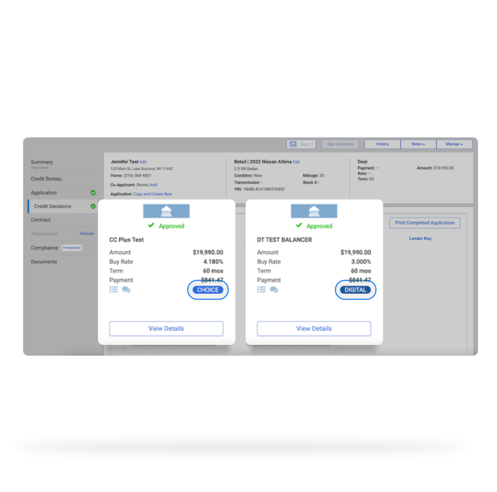 Digital or Choice Lender Buttons highlighted